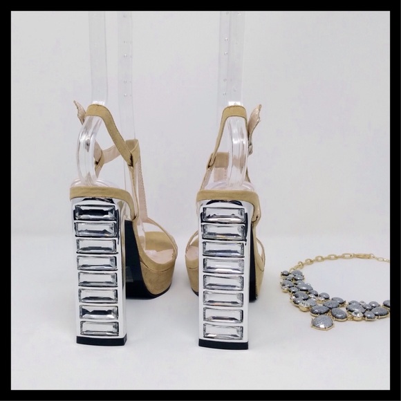 Camel Studded T Strap Platform Heels Vegan Suede - Picture 6 of 6